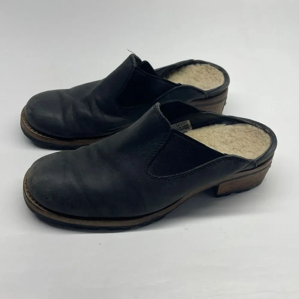 UGG Australia Womens 8.5 Leather Black Mules Clogs Sheepskin Lined Slip-on Shoes